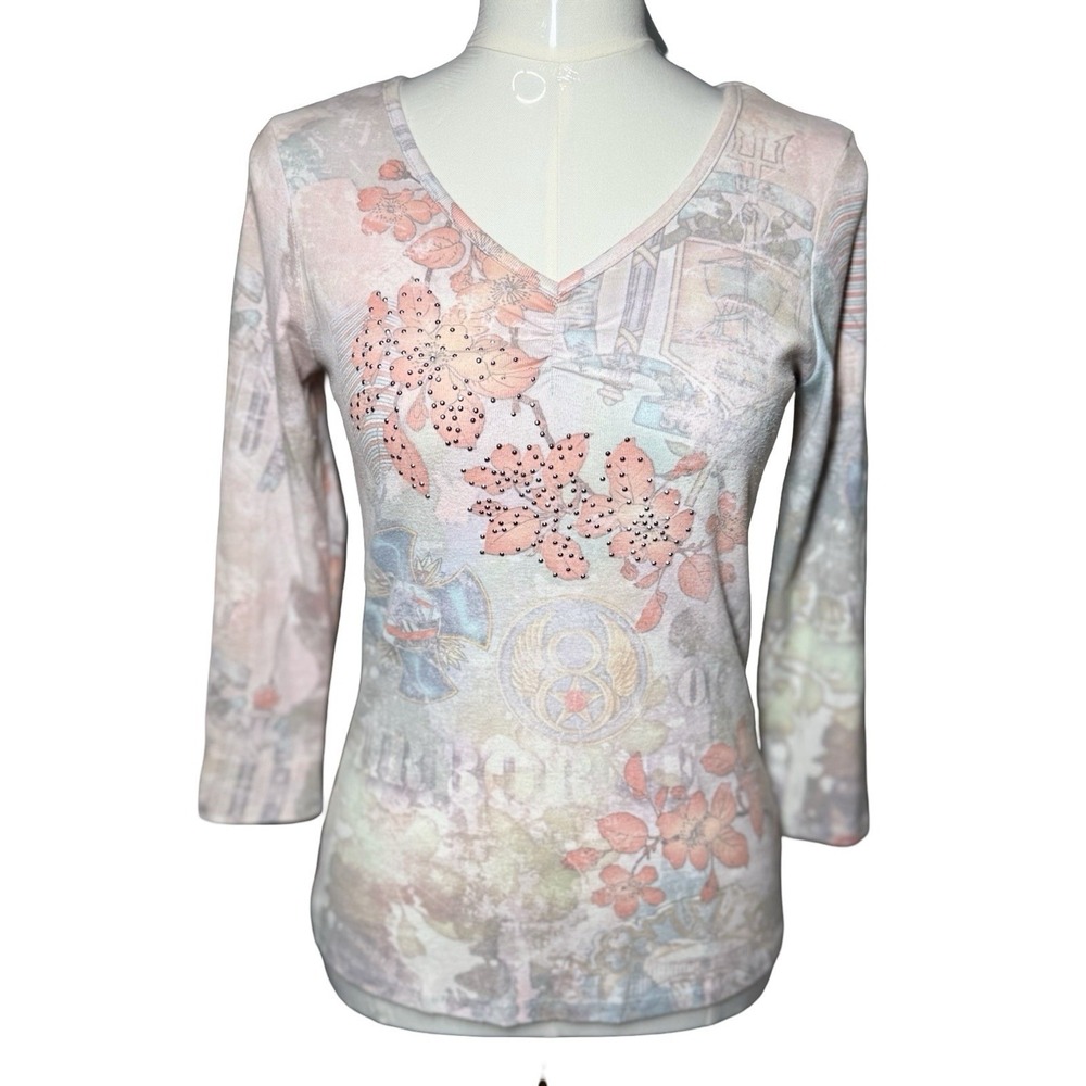 One World Military Cherry Blossom Top Small Rhinestone Y2K Boho 2000s Naval